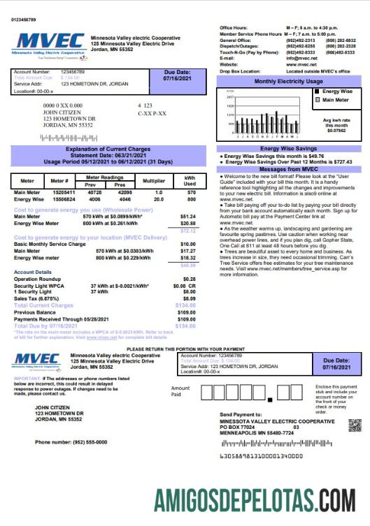 imprimível Modelo de conta de serviços públicos da Minnesota Valley Electric Cooperative (MVEC) dos EUA em formato Word e PDF
